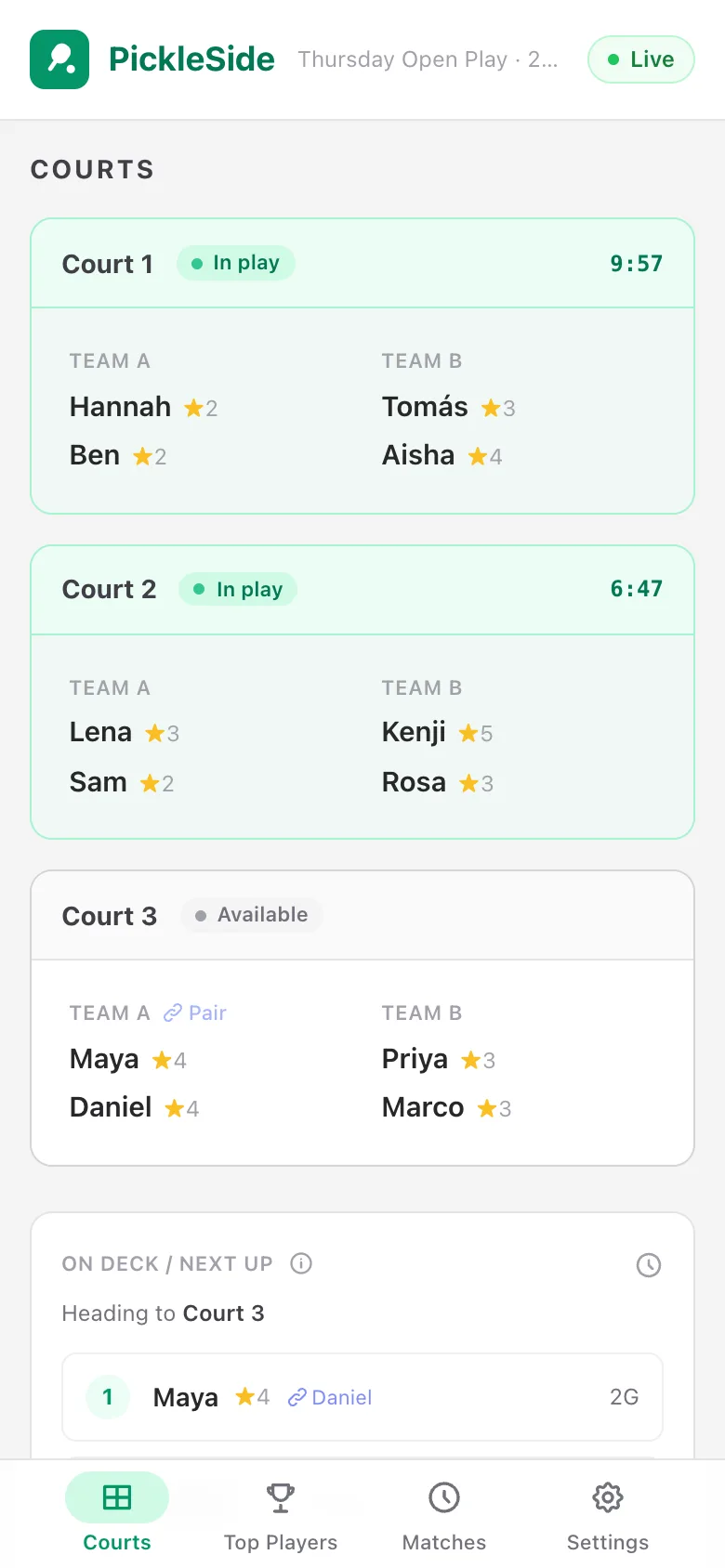 The live page on a phone: courts in play, then On Deck and the queue, with Courts, Top Players and Matches tabs at the bottom