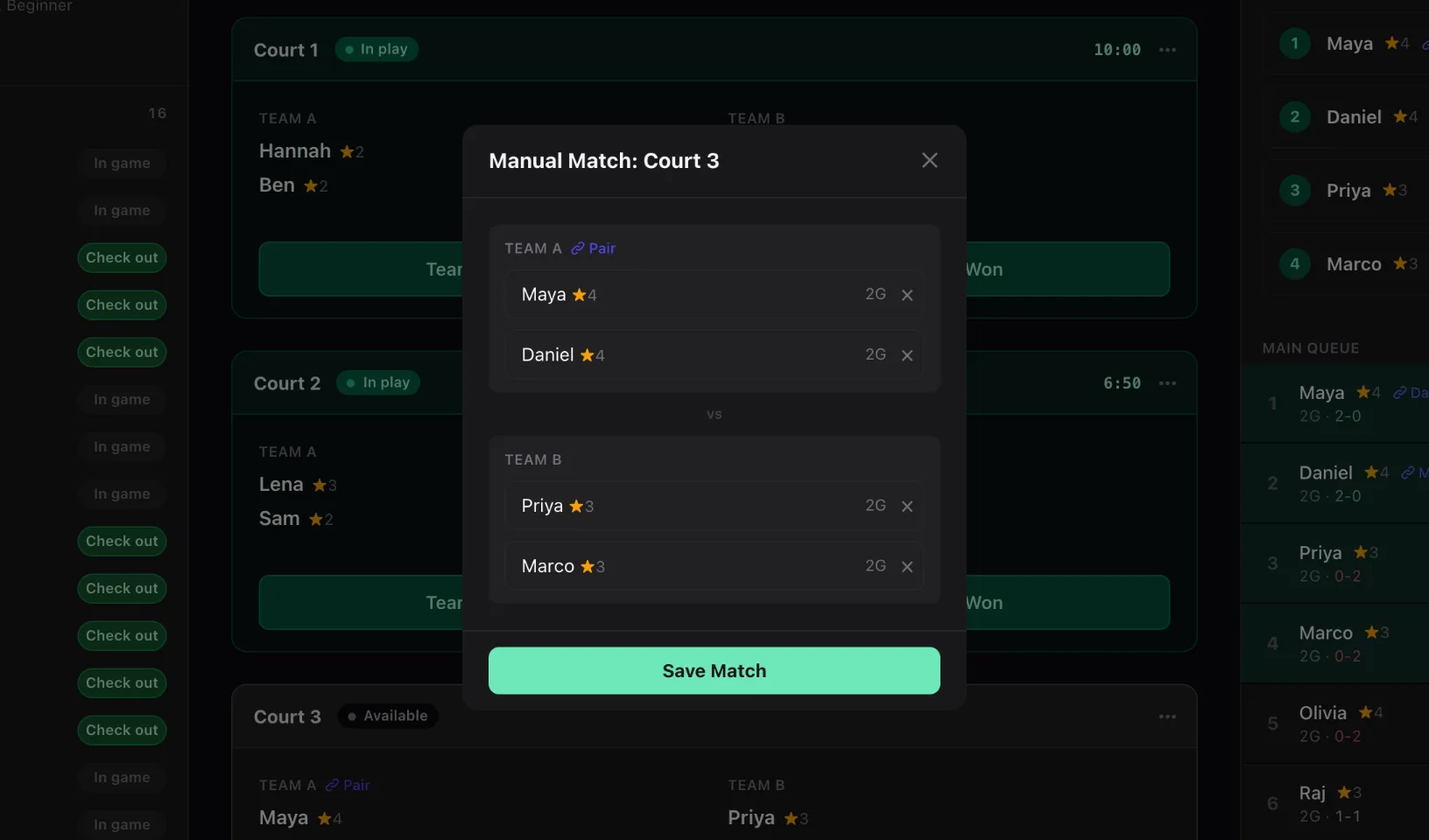 The Manual Match dialog for Court 3, with Team A and Team B side by side and a Save Match button