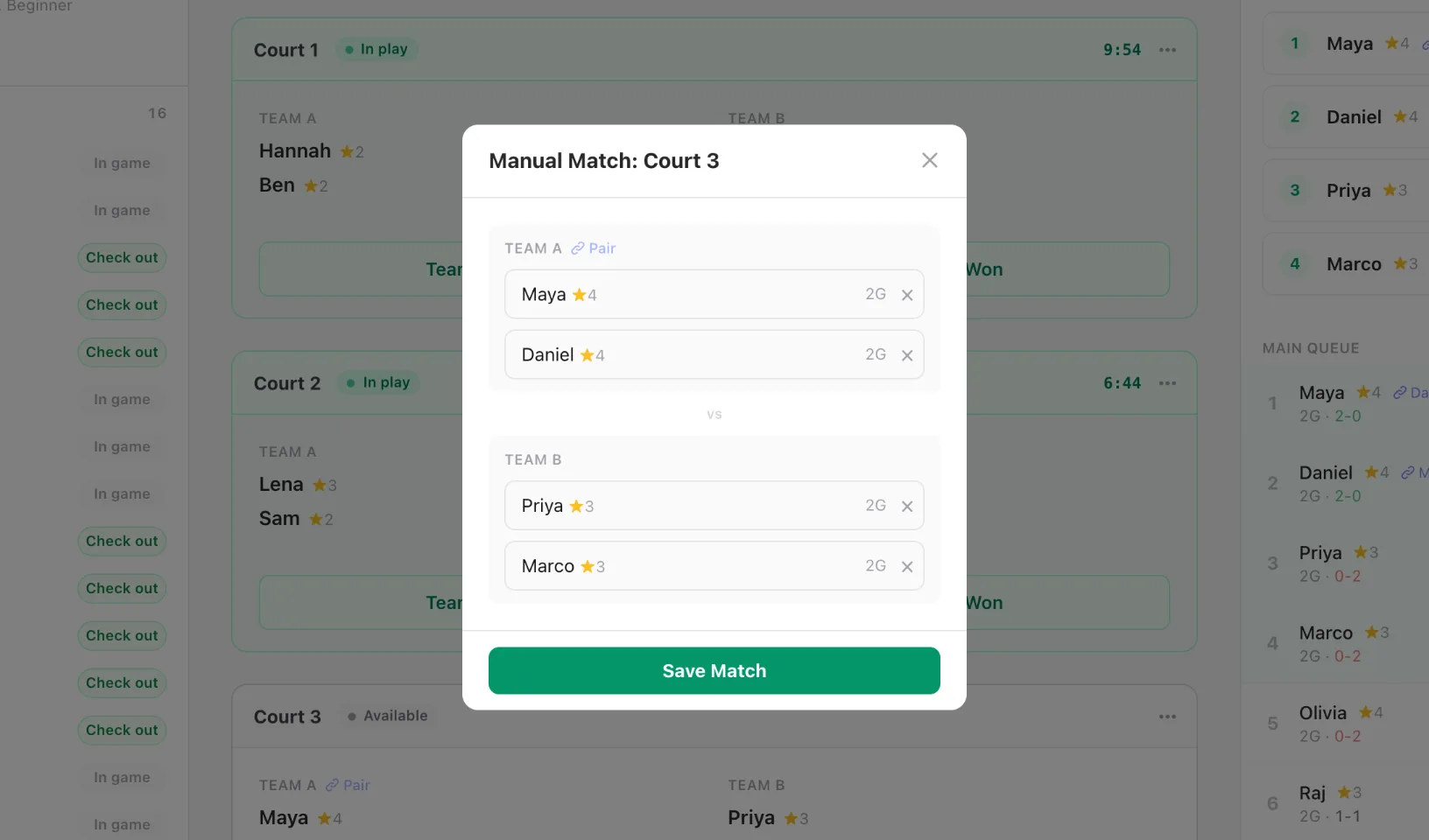 The Manual Match dialog for Court 3, with Team A and Team B side by side and a Save Match button