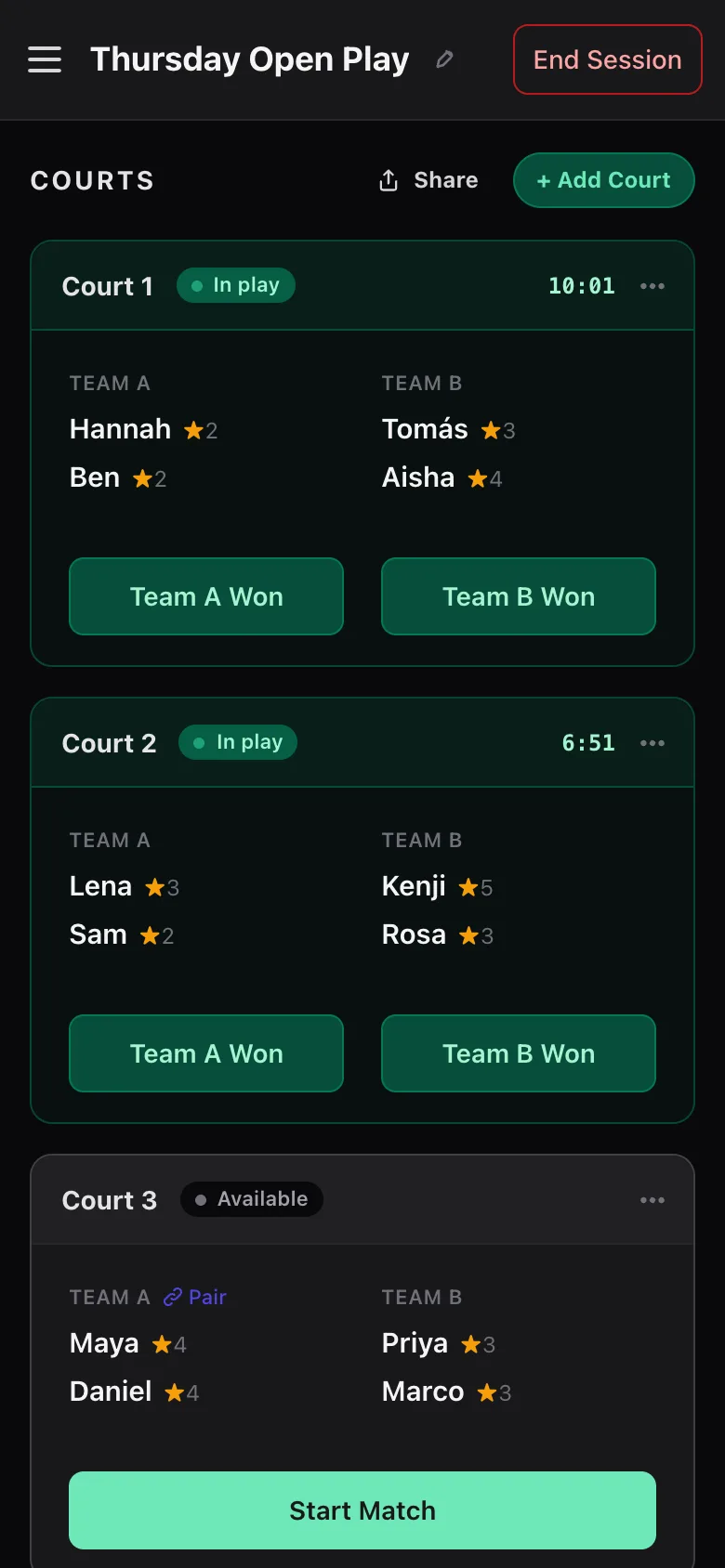 PickleSide on a phone: three courts, two matches in play with live timers