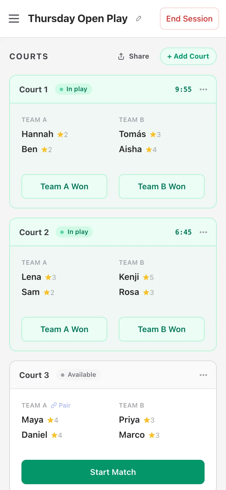 PickleSide on a phone: three courts, two matches in play with live timers