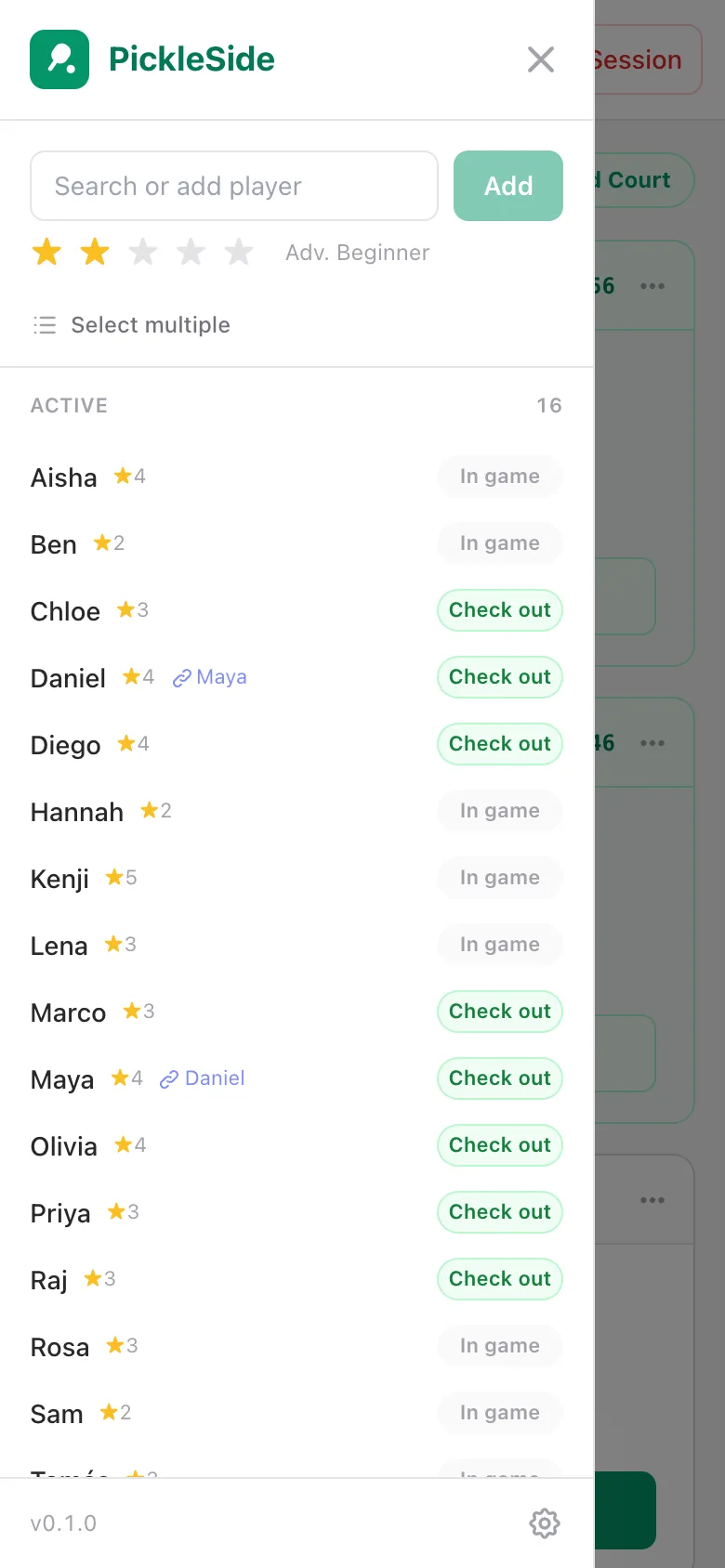 The roster on a phone, open over the dimmed courts, for adding and checking in players